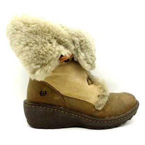 Born Brown Leather Fur Lined Faux  Pull On Wedge Boots Shoes Women's 38 / 7